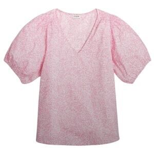 J. Crew Pink and White Floral Puff Sleeve V Neck Blouse